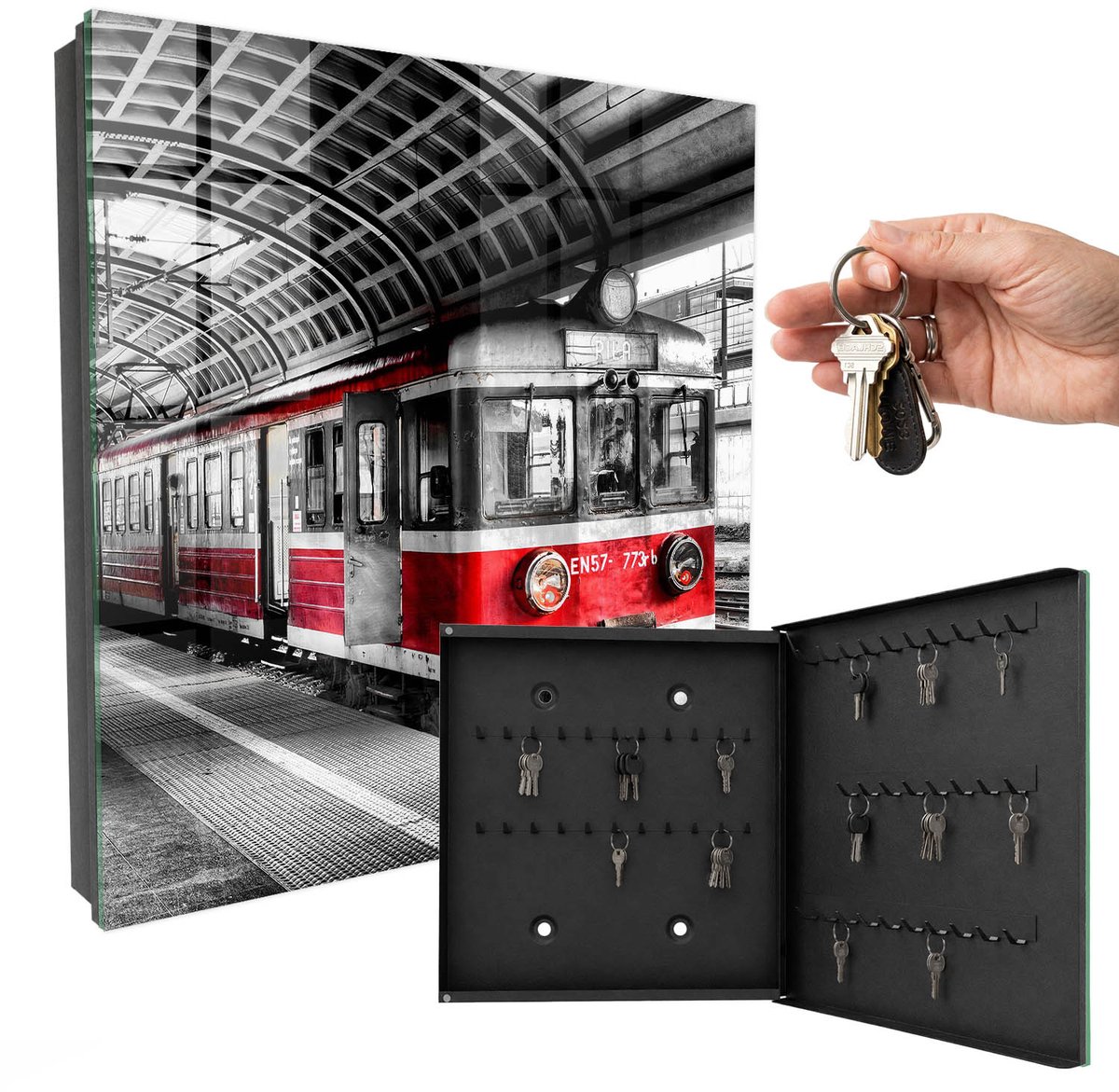 WallMuralia - Sleutelkast - 30x30x5 cm - met 50 haken - Spoorwegsymmetrie Sleutelkastje Modern - Zwart Sleutelbox - Rechtsopenend - Zwart interieur
