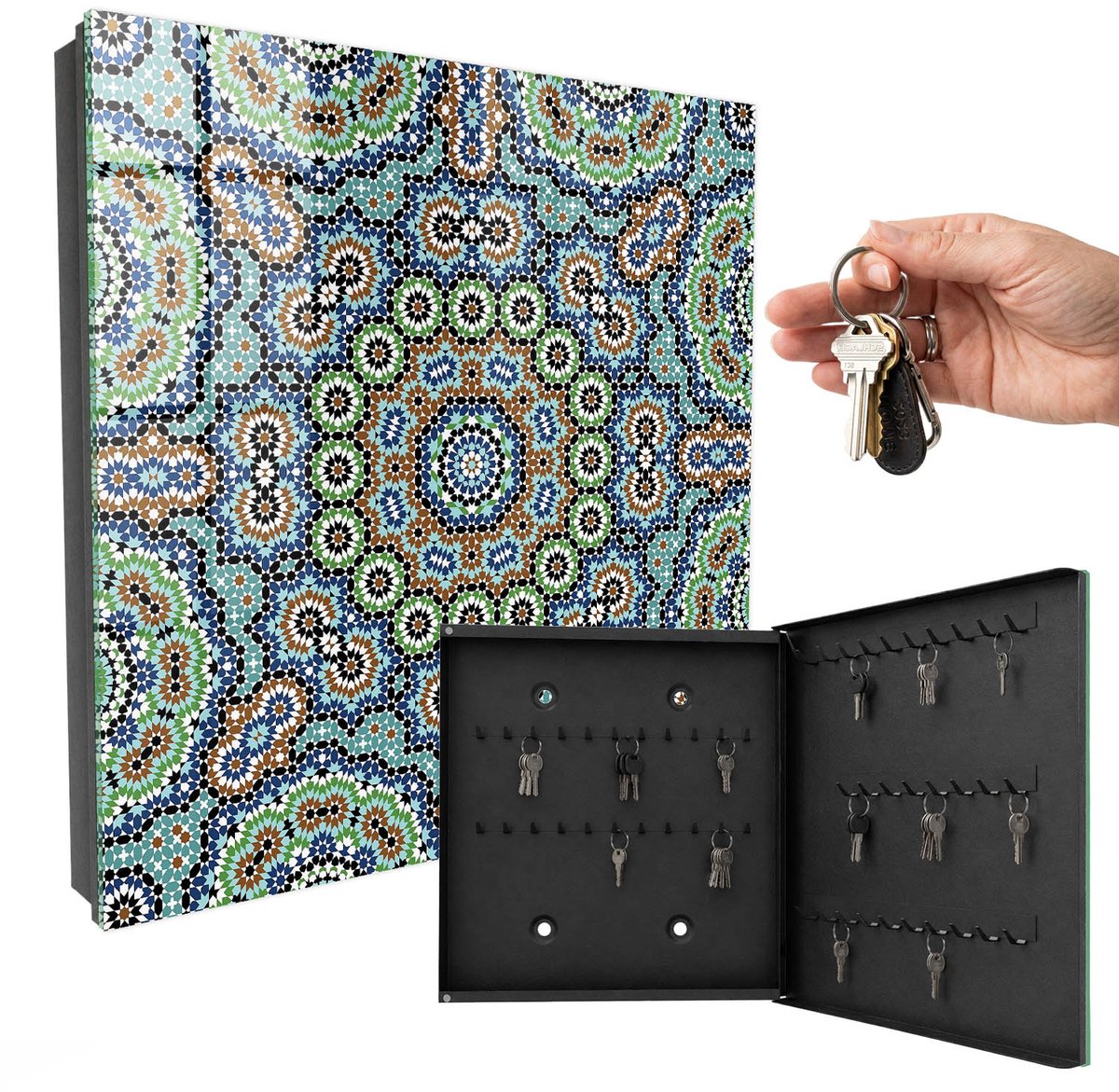 WallMuralia - Sleutelkast - 30x30x5 cm - met 50 haken - Kleurrijk Mozaïek Leuk Sleutelkastje - Blauw Sleutelbox - Rechtsopenend - Zwart interieur