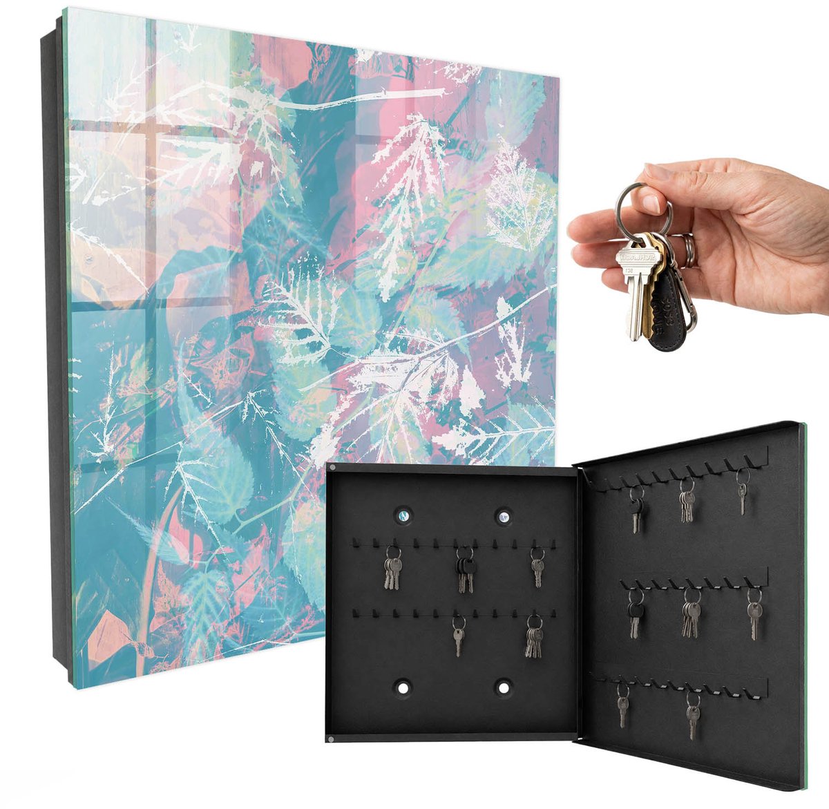 WallMuralia - Sleutelkast - 30x30x5 cm - met 50 haken - Pastelkleurige Bladeren Sleutelkastje Industrieel - Wit Sleutelbox - Rechtsopenend - Zwart interieur