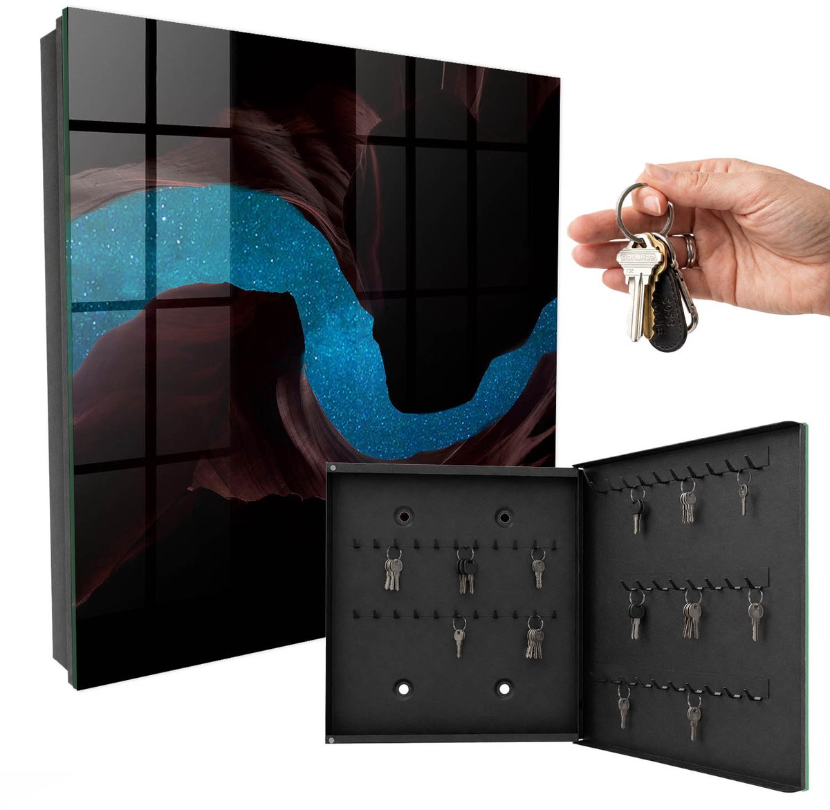 WallMuralia - Sleutelkast - 30x30x5 cm - met 50 haken - Ruimtestenen Sleutelkastje Voor Binnen - Zwart Sleutelbox - Rechtsopenend - Zwart interieur