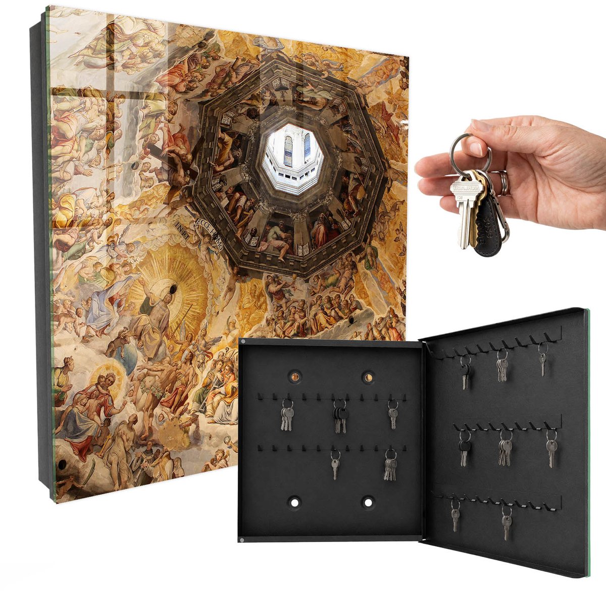 WallMuralia - Sleutelkast - 30x30x5 cm - met 50 haken - Religieuze Fresco'S Sleutelkastje Voor Binnen - Geel Sleutelbox - Rechtsopenend - Zwart interieur