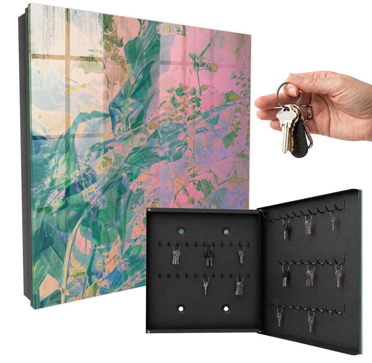WallMuralia - Sleutelkast - 30x30x5 cm - met 50 haken - Plantenabstractie Sleutelkastje Hal - Groente Sleutelbox - Rechtsopenend - Zwart interieur