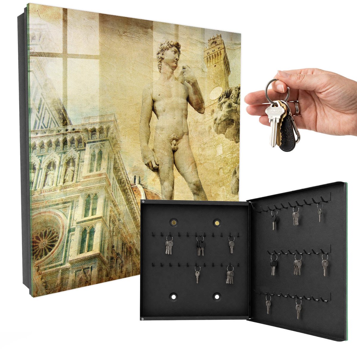 WallMuralia - Sleutelkast - 30x30x5 cm - met 50 haken - Florence Renaissance Sleutelkastje Landelijk - Beige Sleutelbox - Rechtsopenend - Zwart interieur