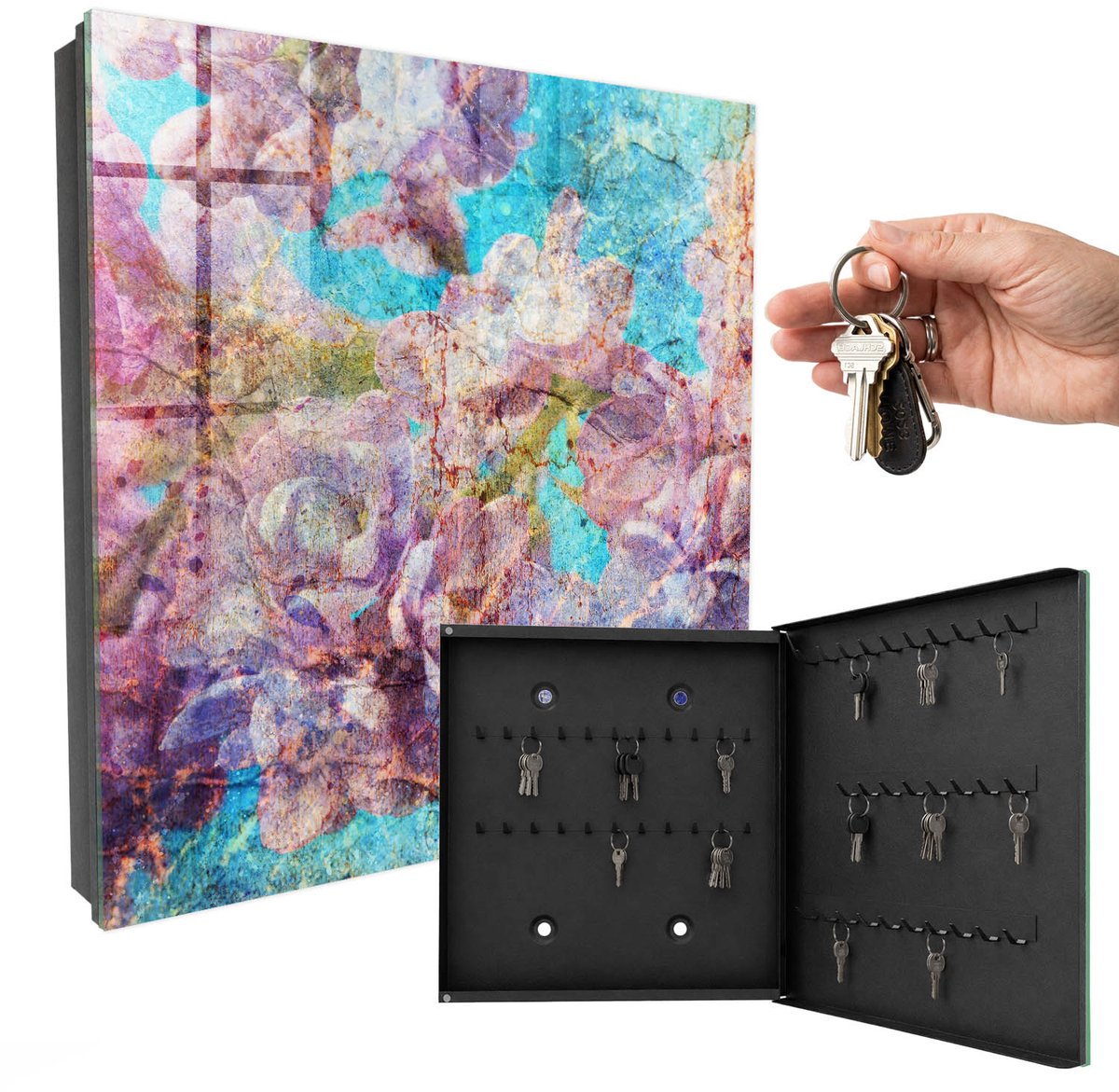 WallMuralia - Sleutelkast - 30x30x5 cm - met 50 haken - Kleurrijke Bloemen Sleutelkastje Landelijk - Blauw Sleutelbox - Rechtsopenend - Zwart interieur