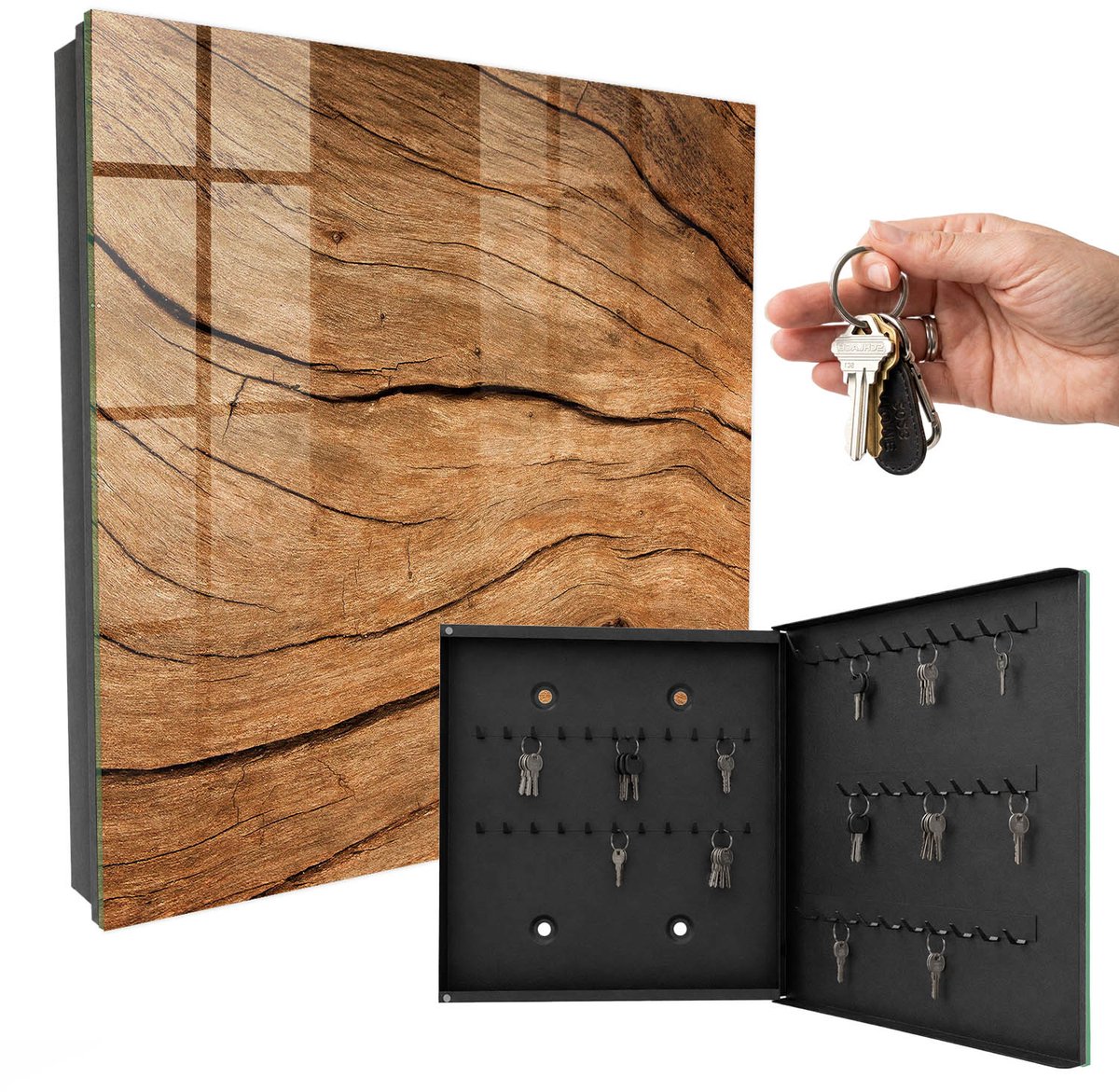 WallMuralia - Sleutelkast - 30x30x5 cm - met 50 haken - Houtstructuur Sleutelkastje Muur - Beige Sleutelbox - Rechtsopenend - Zwart interieur