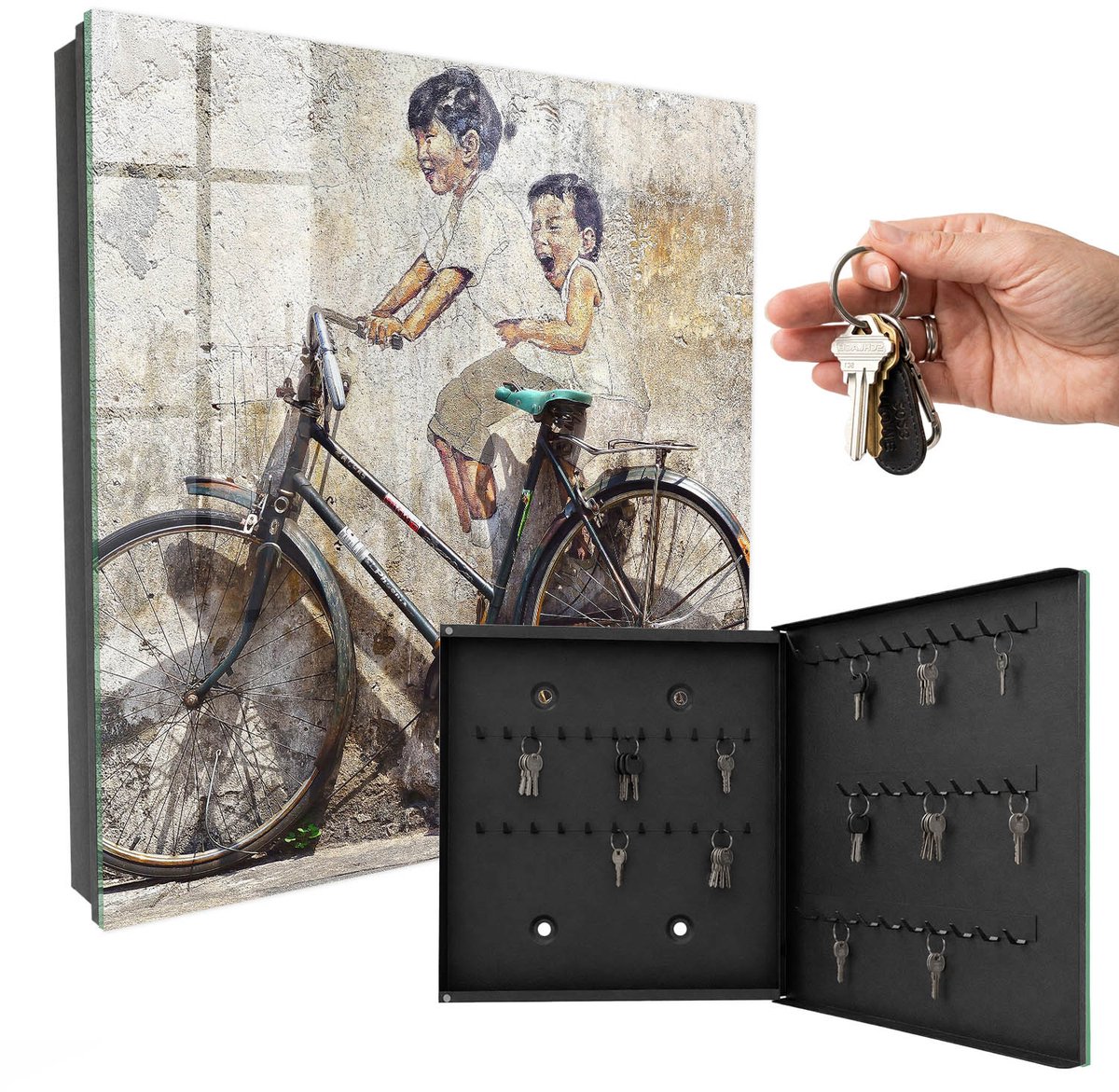 WallMuralia - Sleutelkast - 30x30x5 cm - met 50 haken - Kinderen En Fiets Sleutelkastje Industrieel - Beige Sleutelbox - Rechtsopenend - Zwart interieur