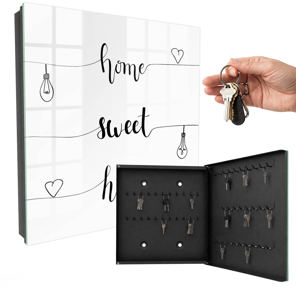 WallMuralia - Sleutelkast - 30x30x5 cm - met 50 haken - Zoet Thuis Sleutelkastje - Zwart-Wit Sleutelbox - Rechtsopenend - Zwart interieur