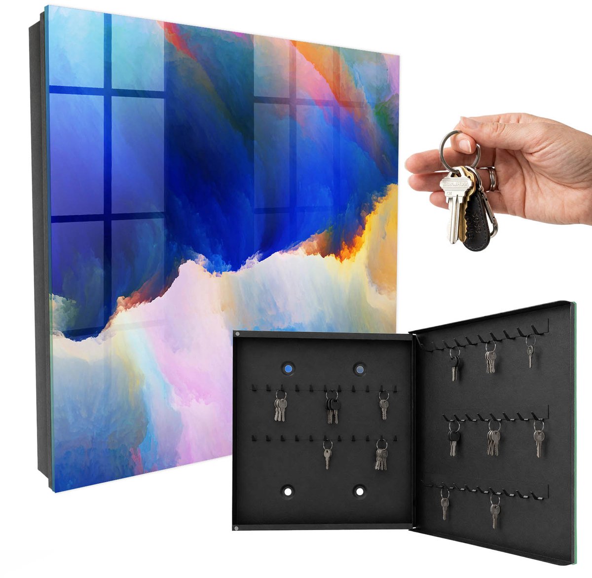 WallMuralia - Sleutelkast - 30x30x5 cm - met 50 haken - Kleurenexplosie Sleutelkastje Design - Blauw Sleutelbox - Rechtsopenend - Zwart interieur