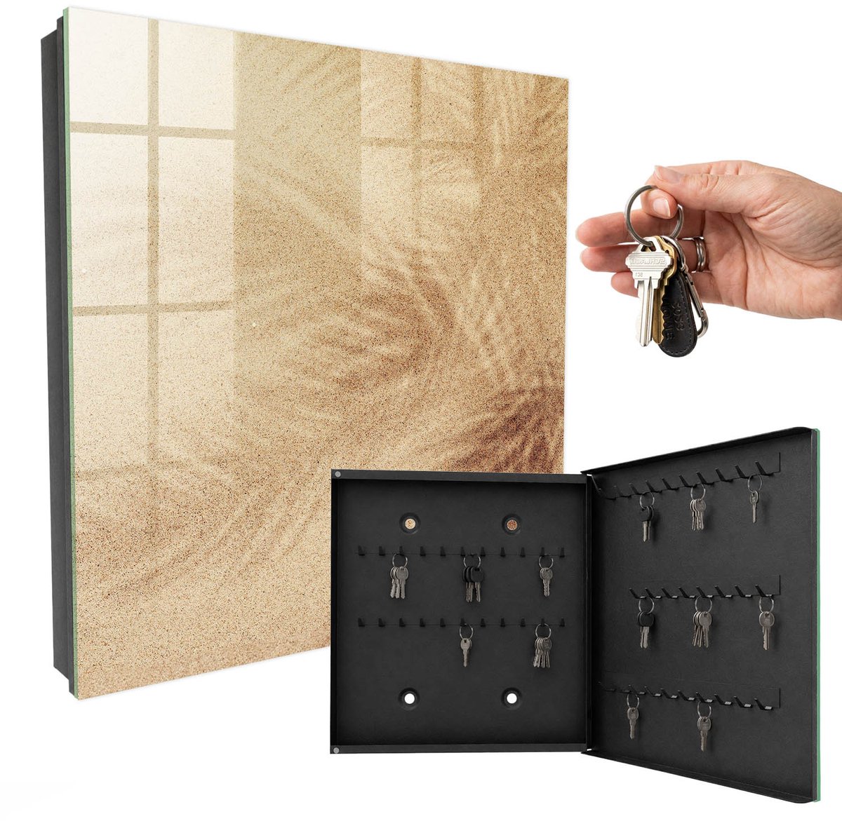 WallMuralia - Sleutelkast - 30x30x5 cm - met 50 haken - Schuimsporen Sleutelkastje Design - Beige Sleutelbox - Rechtsopenend - Zwart interieur