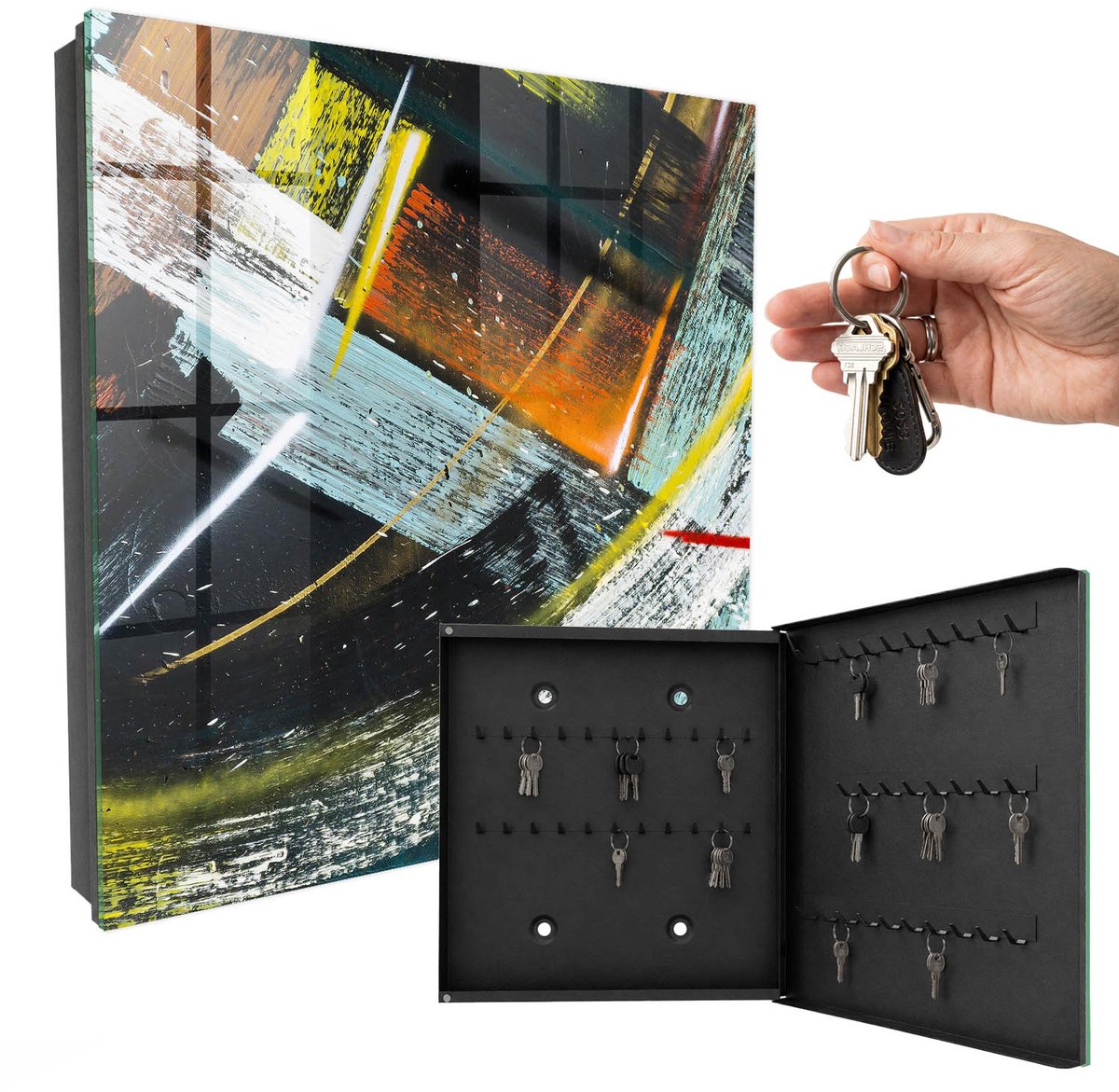 WallMuralia - Sleutelkast - 30x30x5 cm - met 50 haken - Kleurrijke Werveling Sleutelkastje Hal - Zwart Sleutelbox - Rechtsopenend - Zwart interieur
