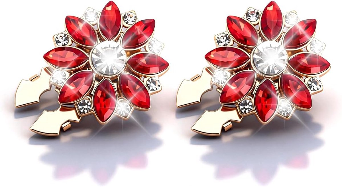 2 Stuks Rode Bloemknoopversieringen met Strass - Clip-on - Voor Blouses, Vesten en Jassen - Cadeau voor Haar