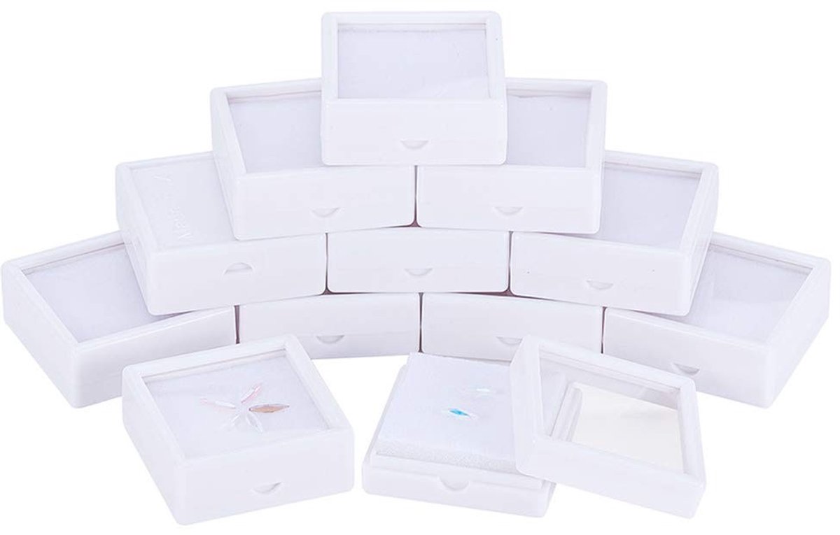 Omgoods- Sieraden Doos - 12 Stuks - Duidelijke Deksels - Duurzaam Plastic - Fluwelen Kussen - 5x5x2cm - Opslagdoos