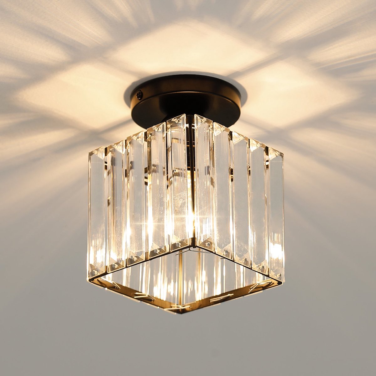Riserva Kristallen Plafondlamp Zwart - E27 Fitting - Moderne Vierkante Plafondlamp van Kristal en IJzer voor Woonkamer, Slaapkamer en Hal
