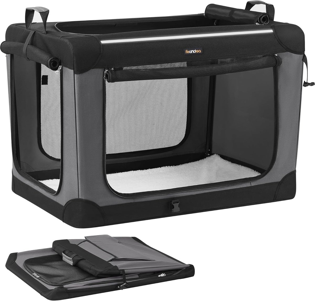 Feandrea opvouwbare hondenmand, 91 cm transportbox voor grote honden, hondendraagtas, Oxford-stof, met 4 gaasdeuren, handgrepen, voervakken en waterfleshouder, inktzwart PDC019B01