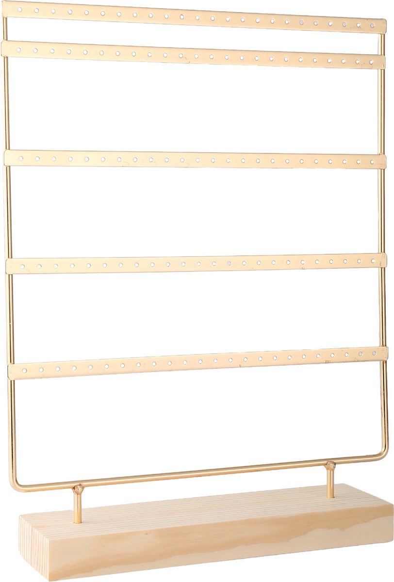 Fliex - sieradenopberger - Oorbellen Display Staand – Goudkleurige Sieradenhouder met Houten Voet – Oorbellen Rek voor 120 Paar – 35 x 27 x 6,7 cm