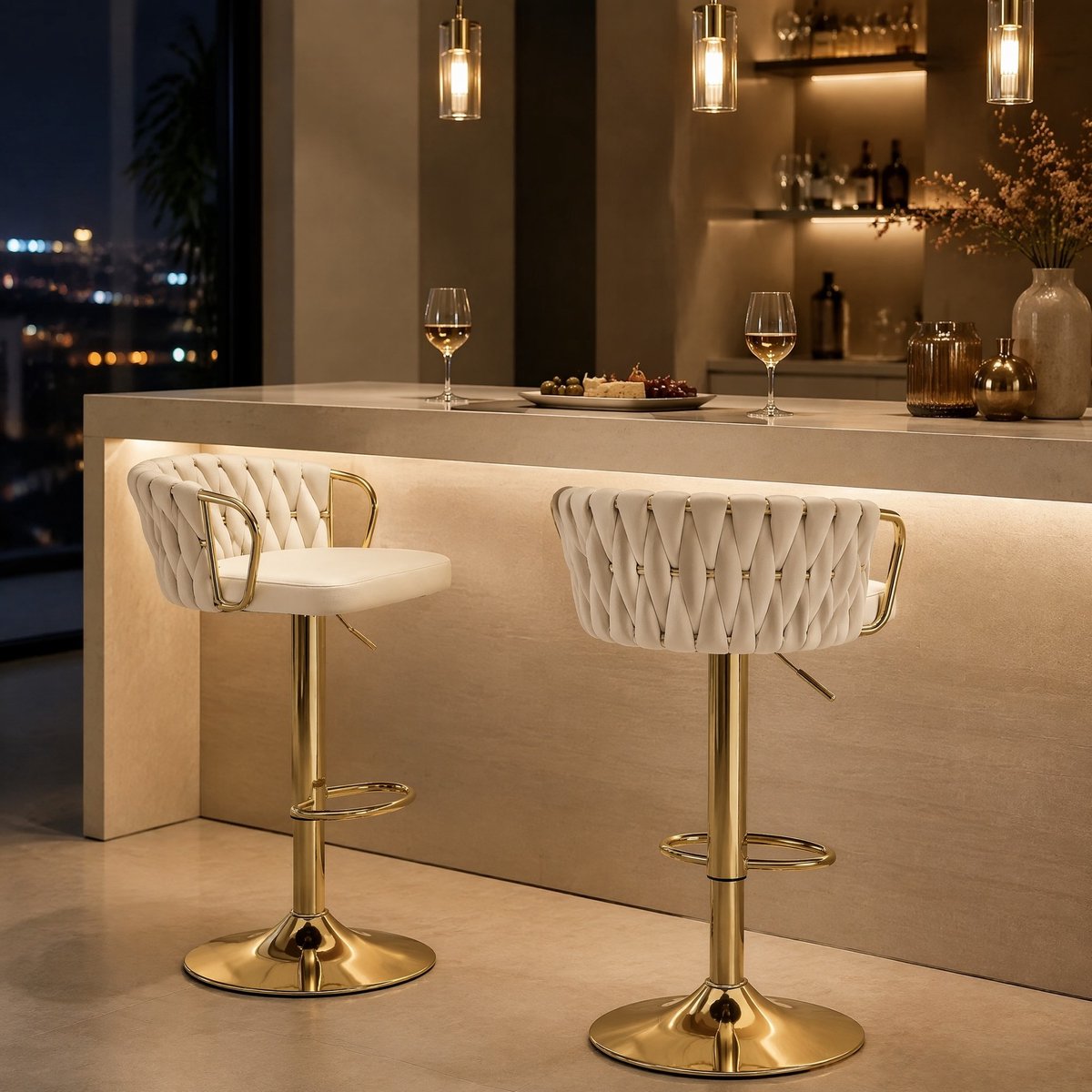COVREO Barkruk set van 2, 49.5 x 50.5 x 98 cm cream white, velvet met armleuning