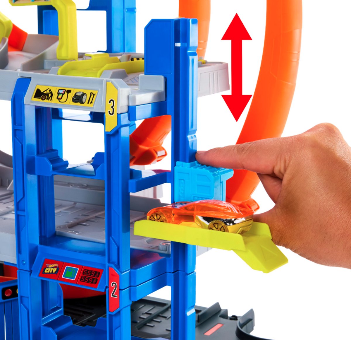 Hot Wheels City - Mega Garage met Racebaan - Hoogte 72 cm - Inclusief 1 Auto - Grote Parkeergarage met Lift en Racebanen en Parkeerplaatsen - Speelgoed vanaf 3 Jaar - Hotweels - Hotwheels Premium - Speelgoed Auto's - Speelgoed Autos Jongens Autootjes — afbeelding 7