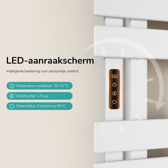 Detail van het LED-touchscreen op een witte handdoekradiator, met instelbare temperatuur en timerfuncties.