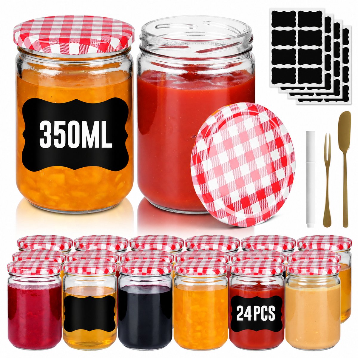 Mini Weckpotten Set 24 stuks 350 ml - Rond Transparant Glas met Metalen Deksel - Luchtdichte Mason Jar voor Honing, Kruiden en Marmelade - Rood & Wit Geruit - NAIZY