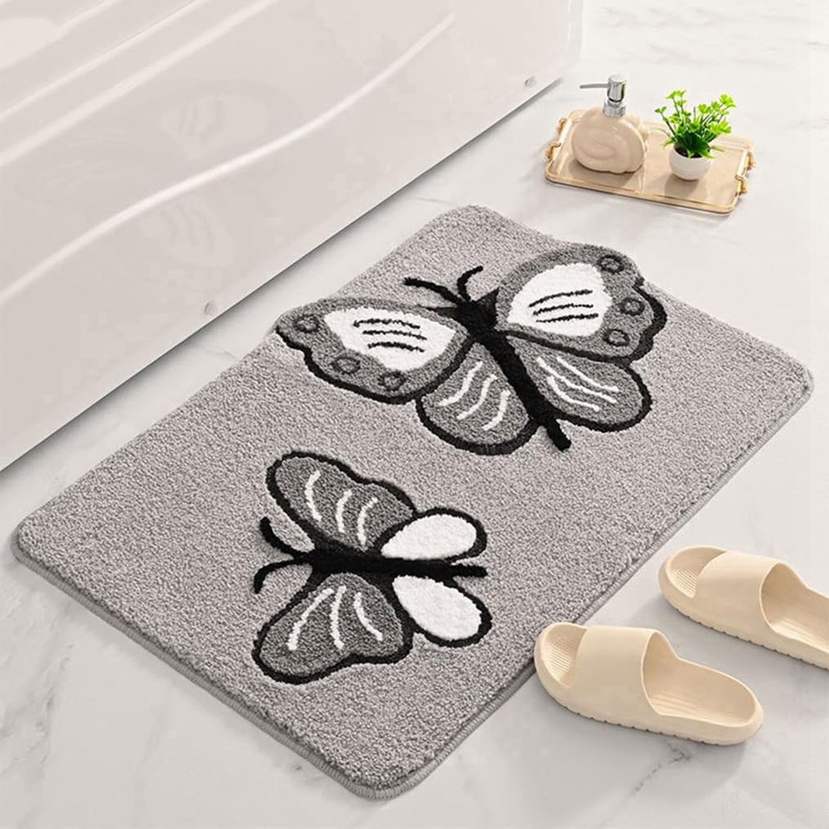 Badmat met Vlinderpatroon - Antislip en Absorberend - Zachte Microvezel - Wasbaar - 40x60 cm - Grijs