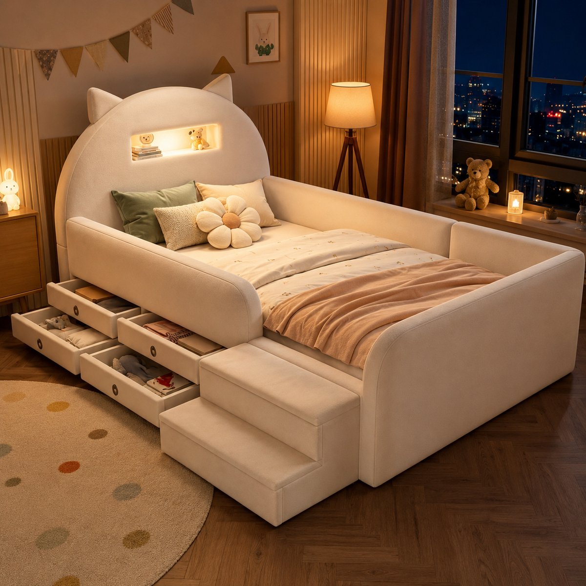 Kinderbed 90x200 cm - Eenpersoonsbed - Gestoffeerd bed - Vloerbed - Multifunctioneel bed - Met opbergvak - Met nachtlampje - Met hoofdbord - Met USB-oplaadpoort - Afneembare voetsteun - Veilig en comfortabel - Beige