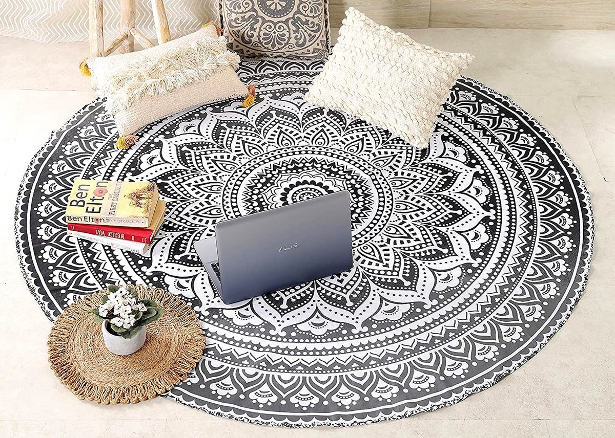 Omgoods - Mandala Hippie Strandhanddoek - Gemaakt van 100% Katoen, 180 cm, Grijs-Zwart Ombre
