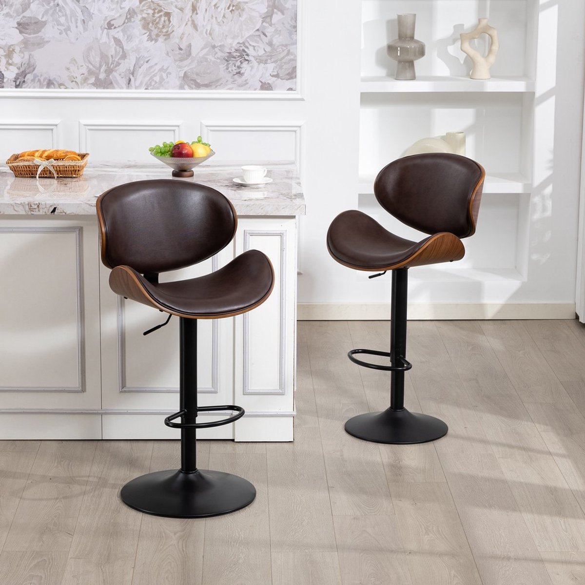 Pugsdrly Draaibare barkrukken, set van 2, in hoogte verstelbare barkrukken van gebogen hout, barkruk met PU-leren bekleding, ergonomische rugleuning en voetsteun, barkrukken voor de bar of het keukeneiland thuis