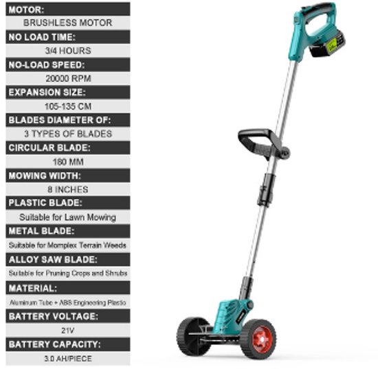 8 Inch Borstelloze Elektrische Grasmaaier Draadloze Grastrimmer Verstelbare Tuinsnijder voor Makita 18V-2 Battery. — afbeelding 3