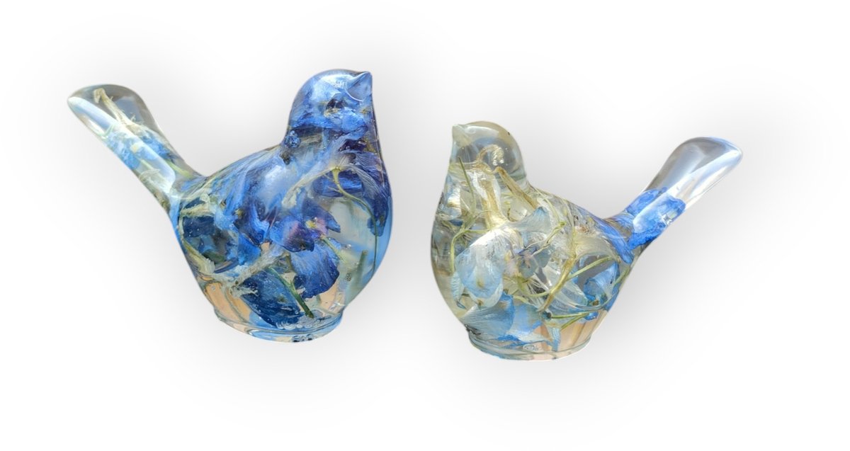 Resin Art JR: Handgemaakte Epoxy Vogeltjes met Gedroogde Bloemen | Set van 2 | Decoratieve Vogelbeeldjes | Unieke Woondecoratie