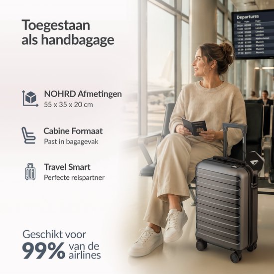 NOHRD Handbagage Koffer - 38 L - Zwart - Reiskoffer - 55x35x20 cm - Trolley - Lichtgewicht - Incl. Slot