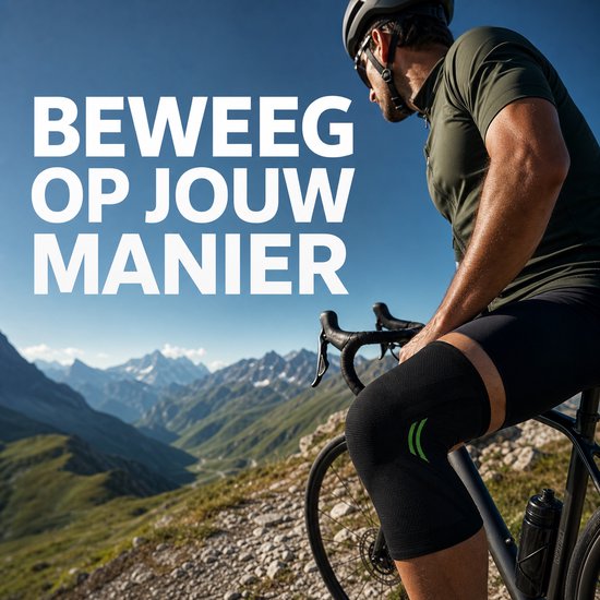 Man met zwarte kniebrace met groene accenten fietst in berglandschap.