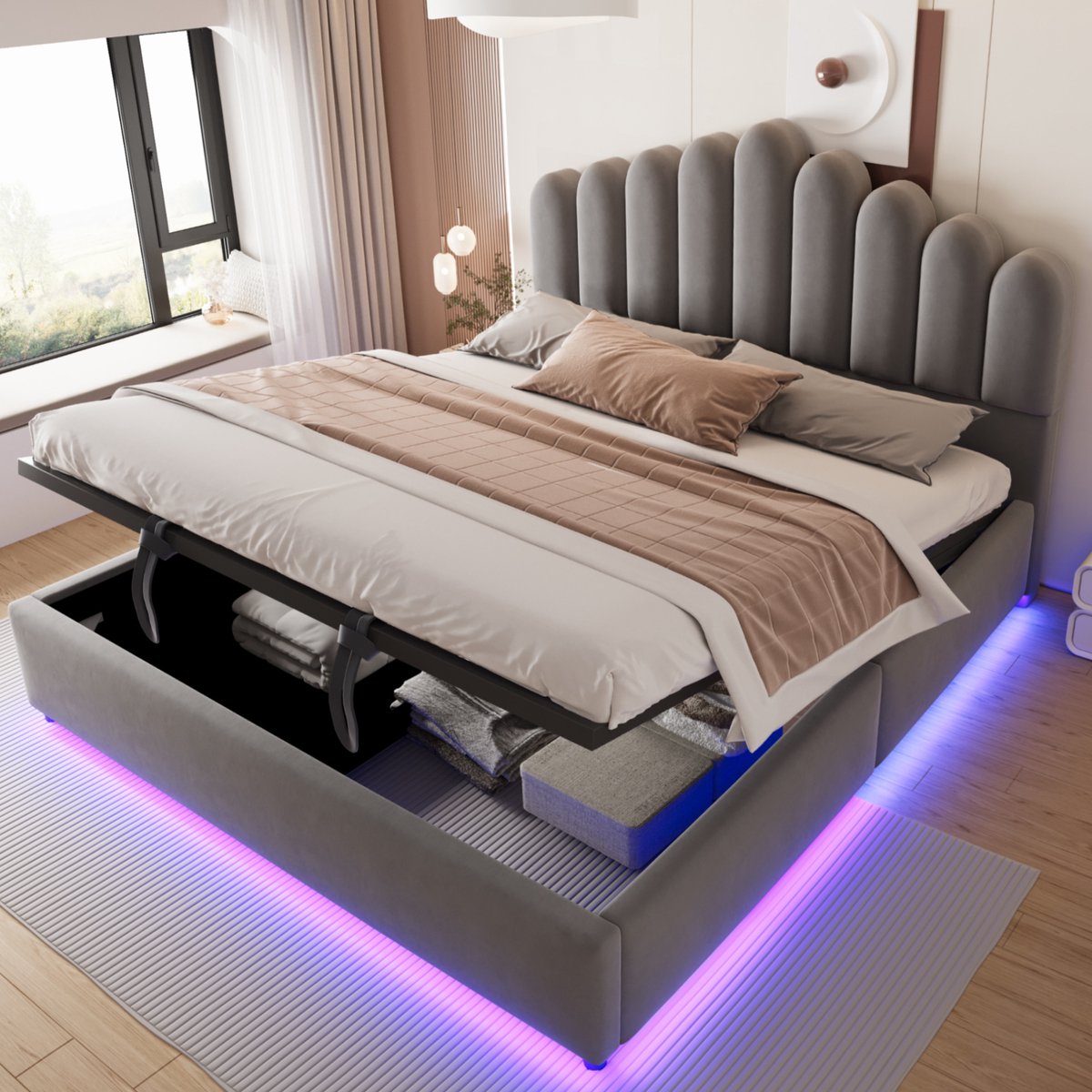 MIVRAY Bed 180x200 cm - Tweepersoonsbed met Hydraulische Opbergruimte en LED Verlichting - Zonder Matras - Fluweel - Grijs