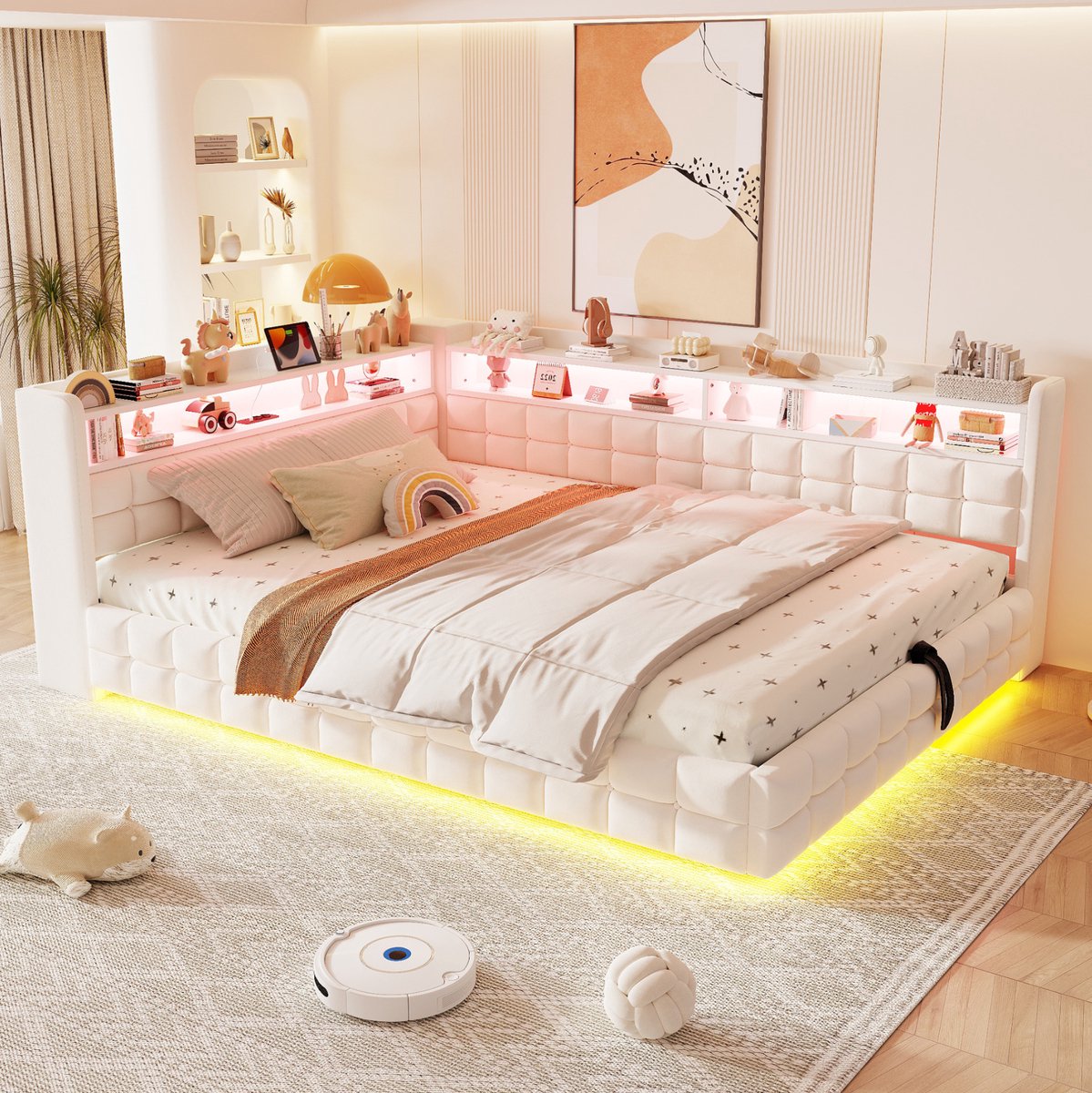 MIVRAY Slaapbank 140x200 cm - Zonder Matras Met Hydraulische Opbergruimte En LED Verlichting - USB En Stopcontact - Stof - Beige