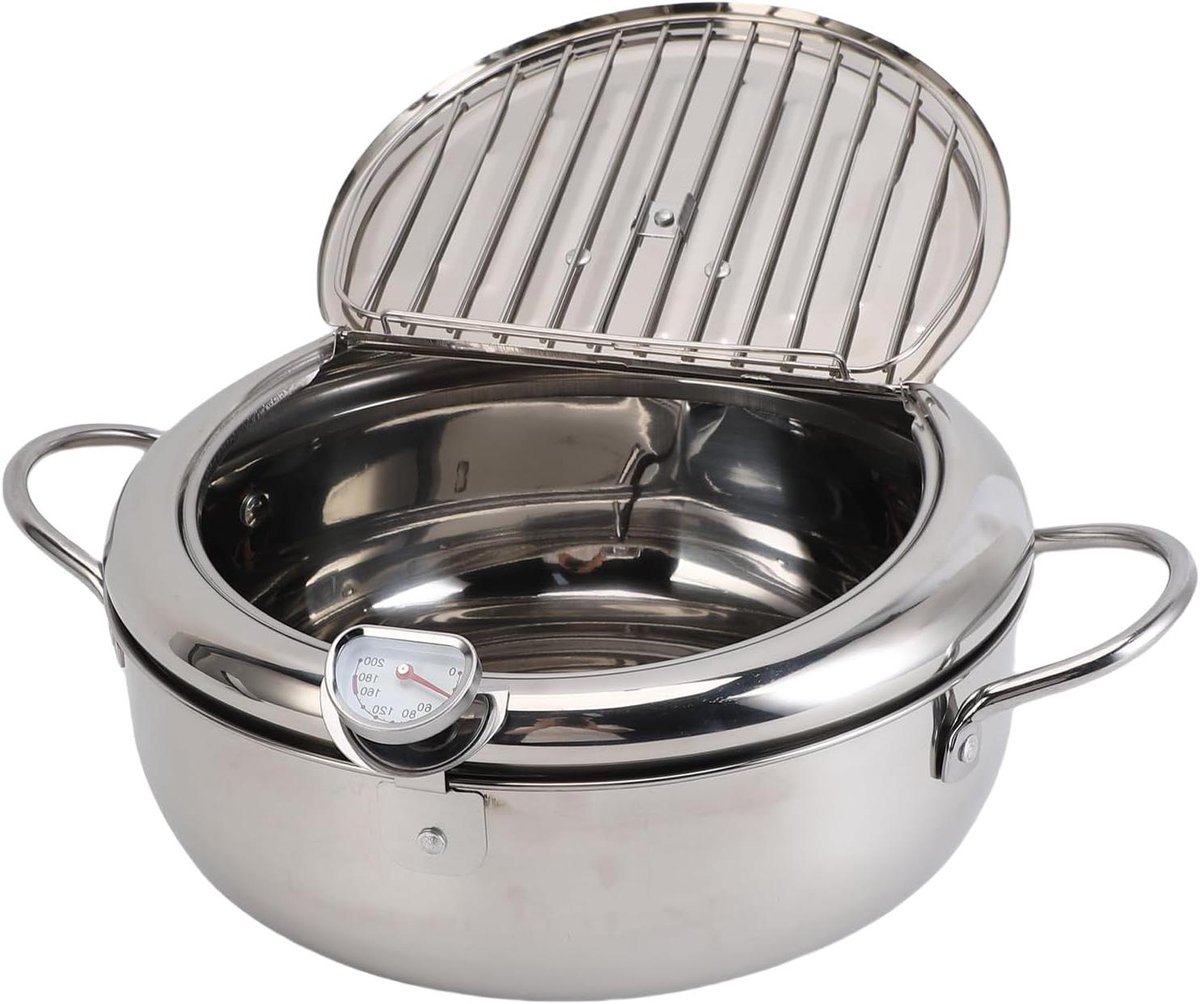 Japanse Frituurpan - Tempura Pan Friteuse - Thuis Frituren - Inclusief Thermometer - 28x27x13 cm - Zilver