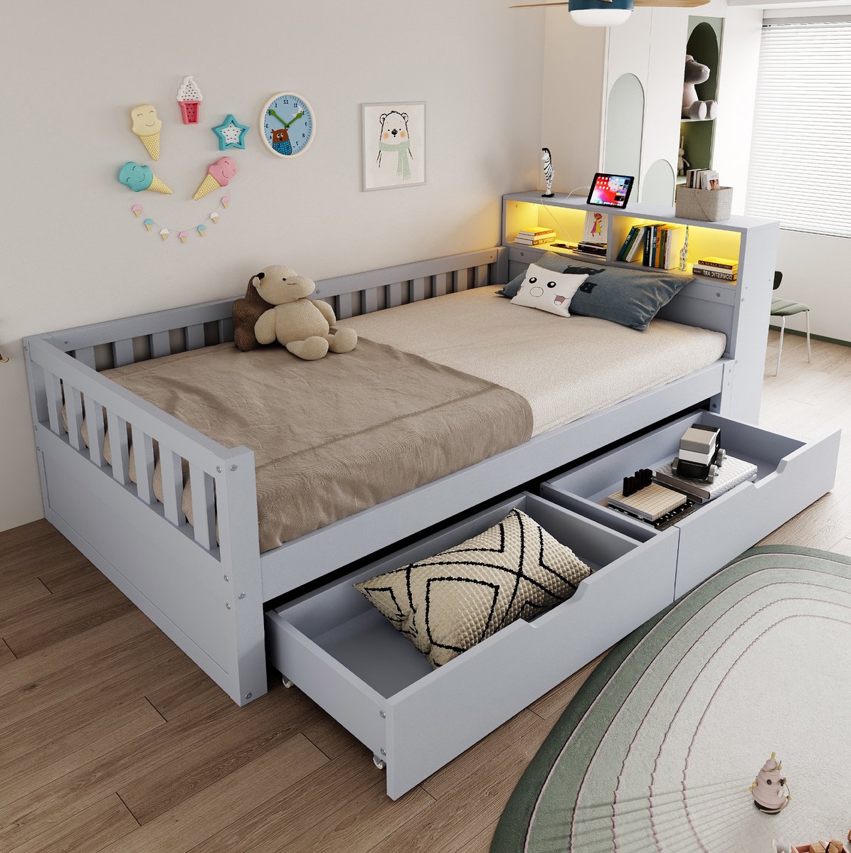 MIVRAY Eenpersoonsbed 90x200 cm Zonder Matras - Met LED, Stopcontacten, USB en Laden - Met Opbergruimte en Uitvalbeveiliging - Hout - Grijs