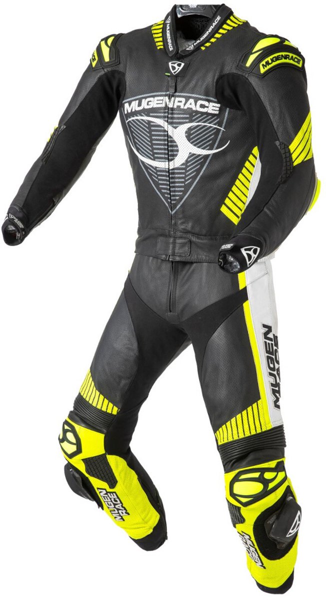 MUGENRACE Impegnato Zwart Wit Neon Geel Geperforeerd 2-Delig Motorpak - Racepak