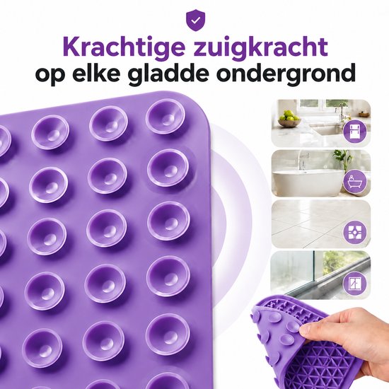 Paarse likmat met zichtbare zuignapjes en verschillende patronen. Een hand verwijdert de mat.