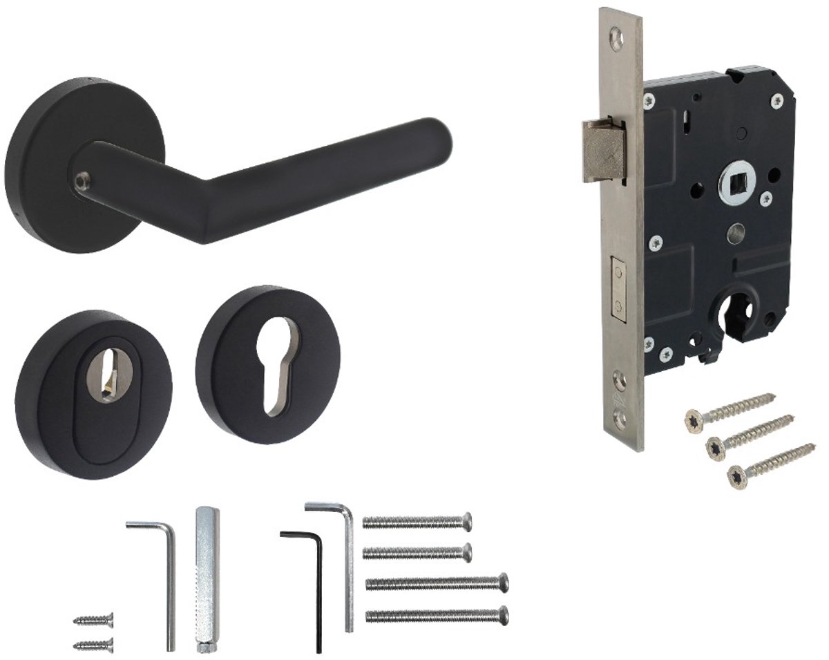 Intersteel Set achterdeurbeslag rond: deurkruk Jura met massieve rozetten, SKG2 slot pc55, SKG3 rozetten, structuur zwart