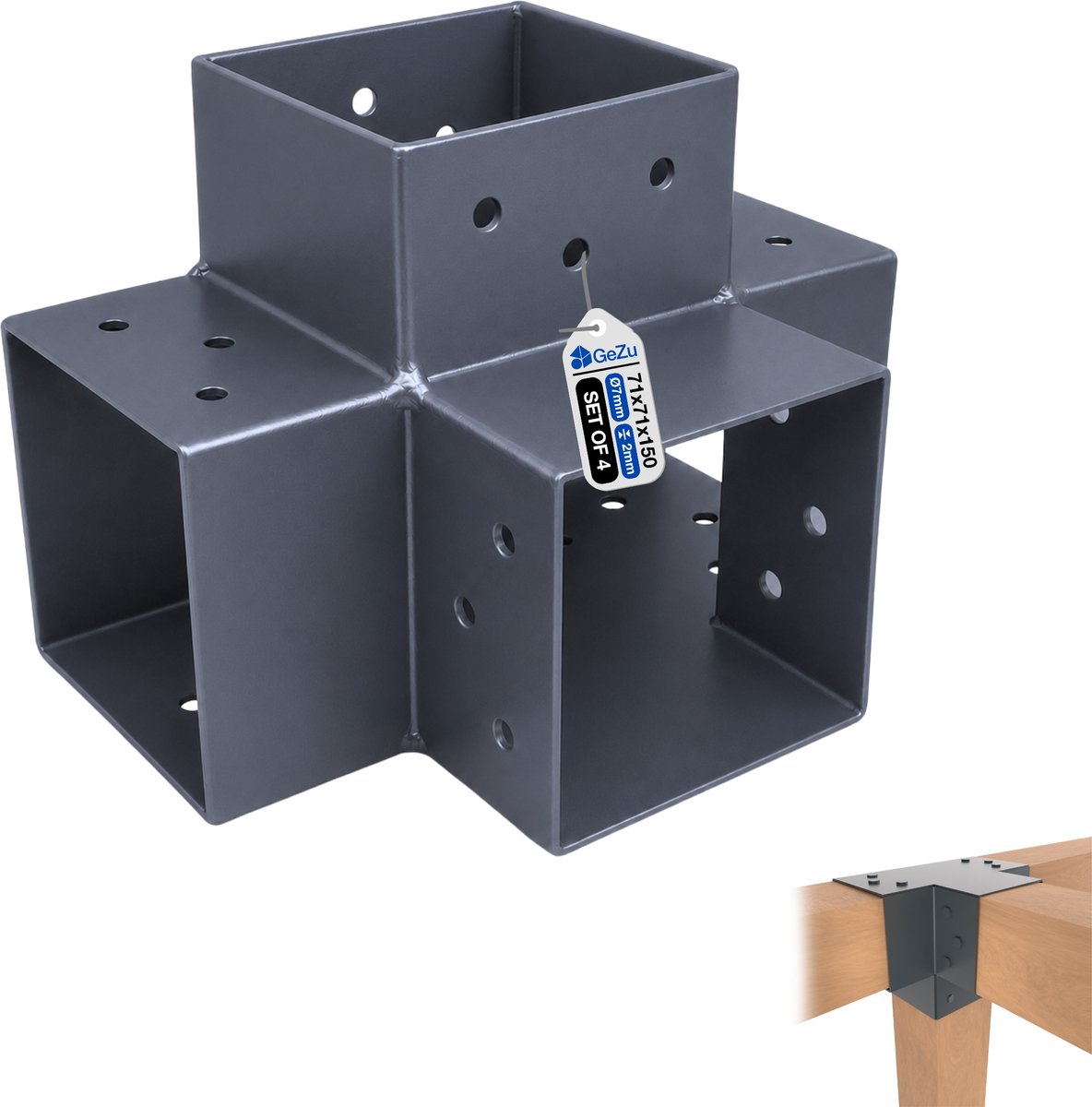 GeZu Impex Paalverbinder X 71x71mm Antraciet Poedergecoat Set van 4 Pergola Paalverbinder Type-X 4-Weg Hoekverbinder Paviljoen Doe-Het-Zelf Houtconstructie Beugel Houtverbinder