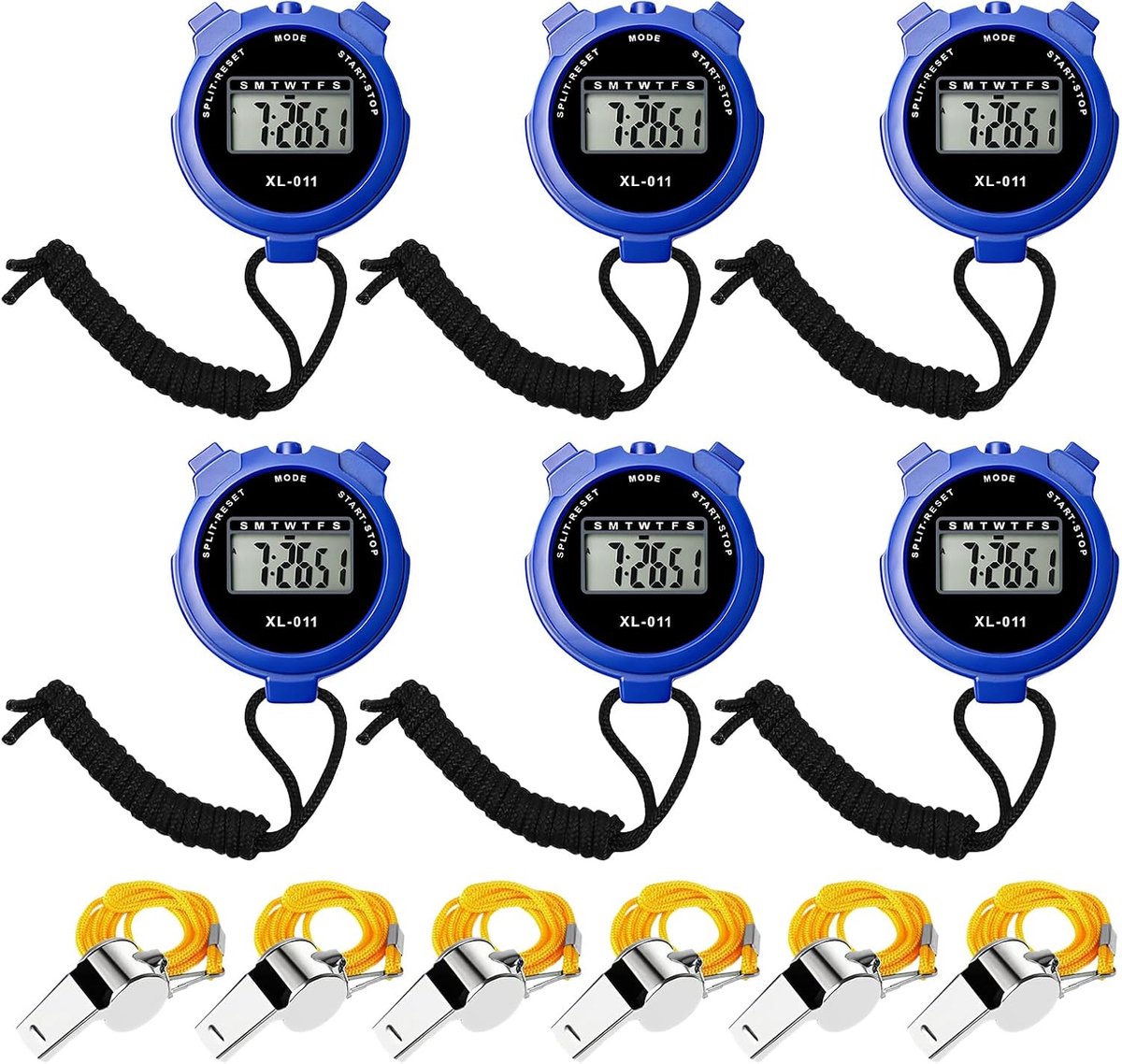 Stopwatch 6 digitale fluitjes, digitale stopwatch voor hardlopen, fitness en sport (blauw)