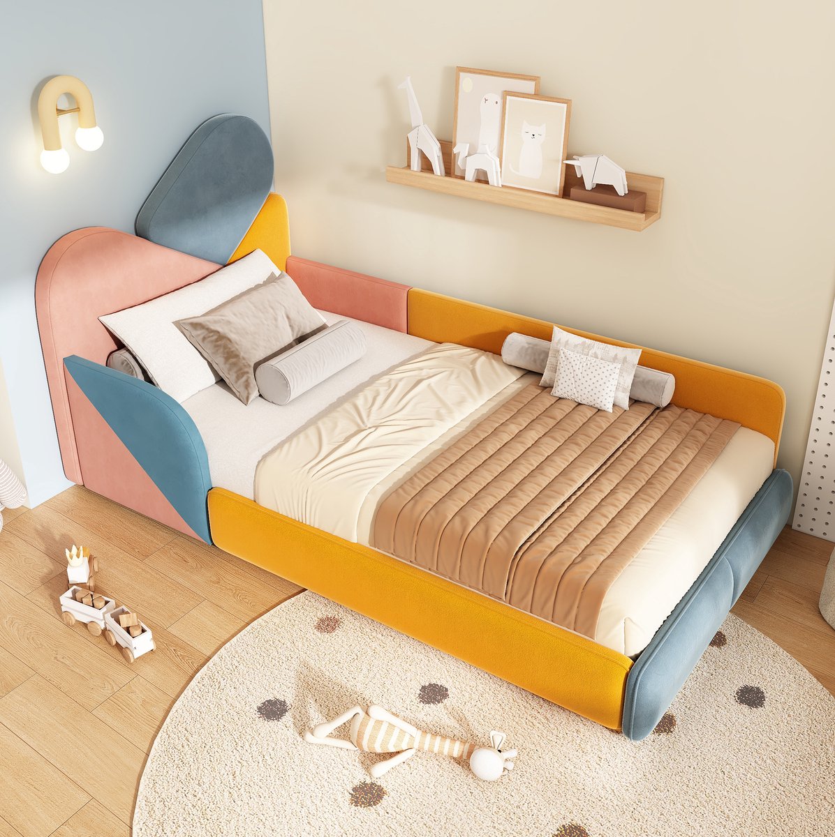 FloraGrace Kinderbed 90x200 cm Zonder Matras - Soft Bed met Verhoogde Zijbescherming - Fluweel - Blauw Roze Geel Oranje