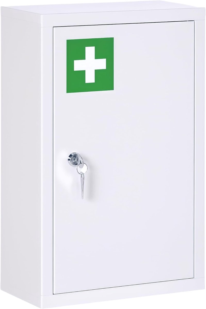 3-Laags Apothekerskast, Afsluitbare Medicijnkast, 2 Sleutels, Staal, Wit, 30 x 14 x 46 cm