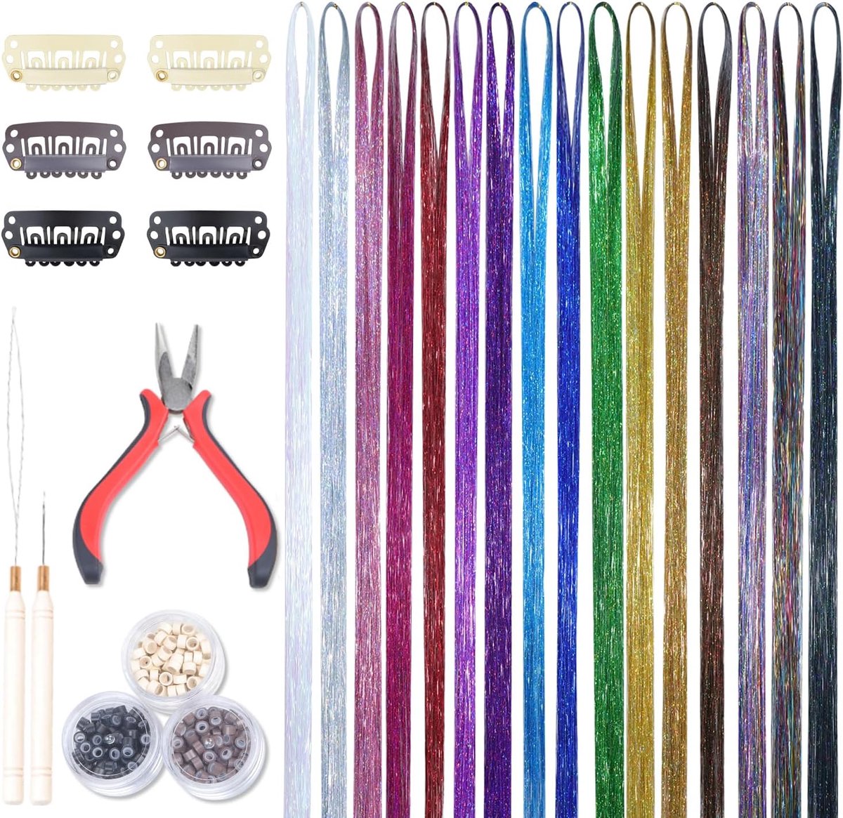 Haarlametta-set 16 kleuren, haarextensies met glitter voor meisjes