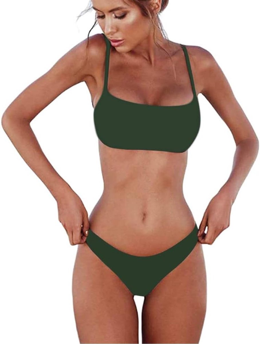 Dames Bikini Badpak, Effen Kleur Zomer Zwemkleding, Sexy Cut Out Zwempak zonder Fiszbin en Borstbescherming, Groen