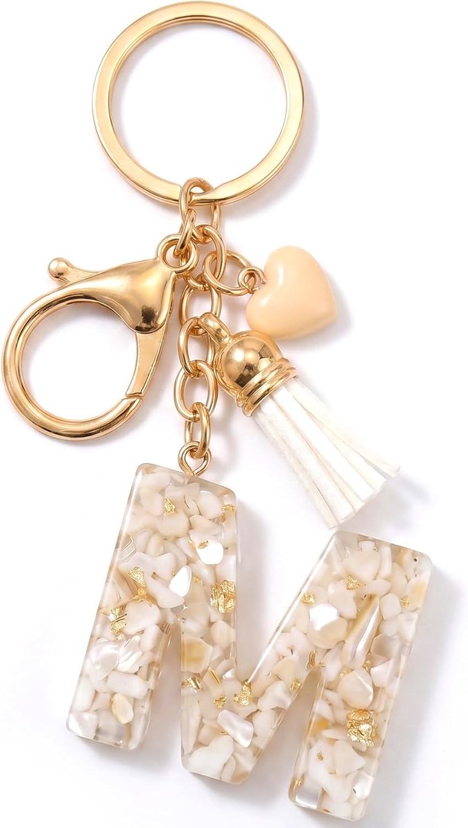Dames, sleutelhanger met beginletter en beige, liefde, kwast