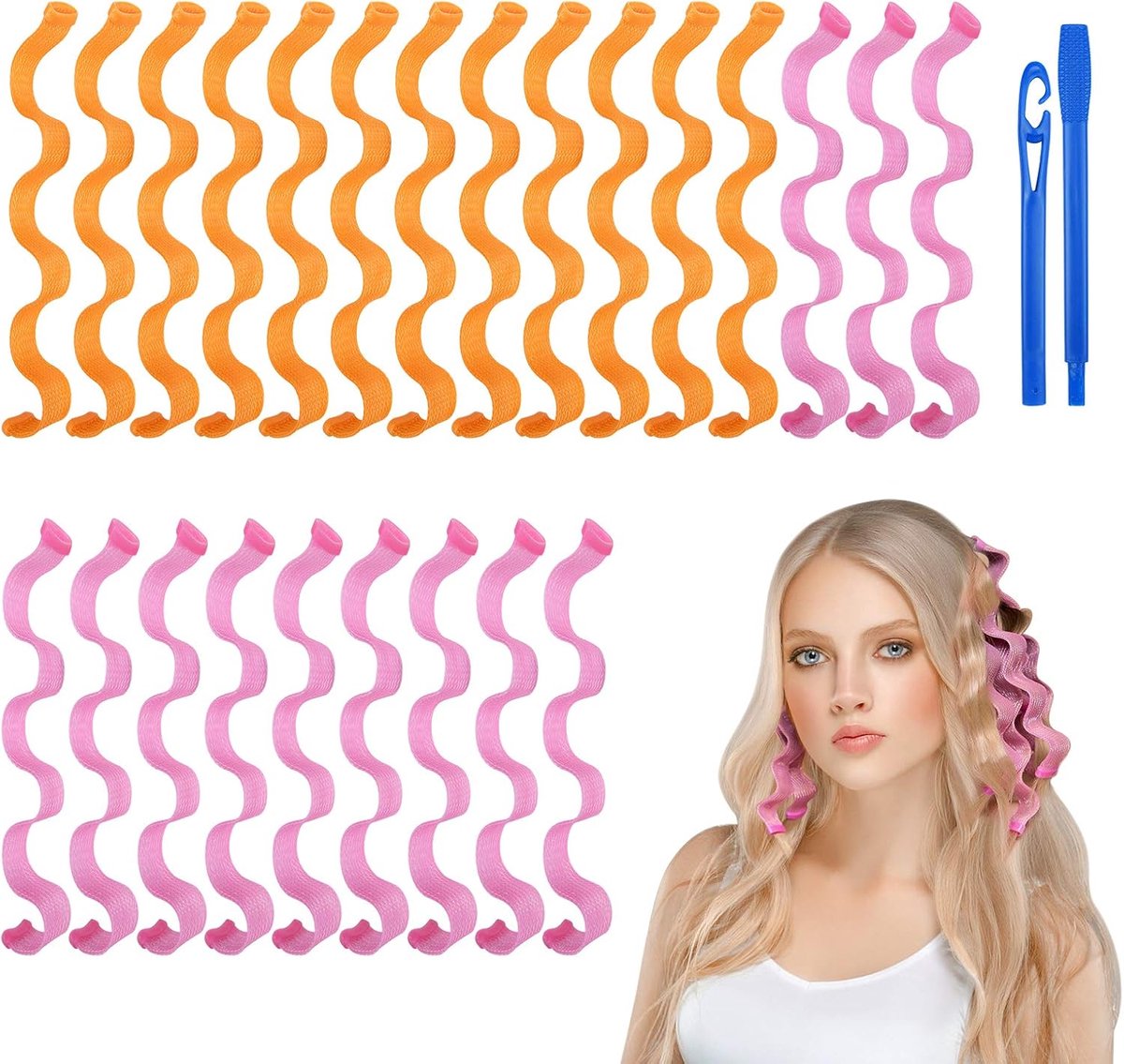 Haarrollers Geen Hitte, 24 stks 30 cm Haarkrulspelden Styling Kit met Stylinghaken, Wave Haarkrulspelden voor Lang & Kort Haar, DIY Kapsel Styling Tools