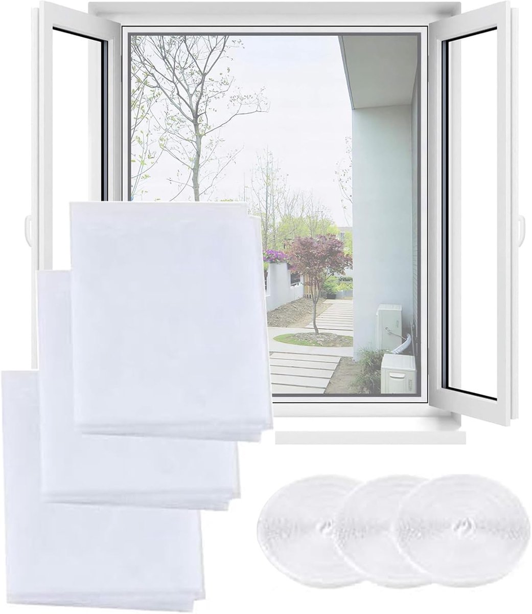 SnelShoppen - Pack van 3 Insectenwerende Raamhorren, Muggennetten voor Raam, 130 x 150 cm, Zelfklevende Muggennet met Klittenband, Houdt Vliegen, Mugg