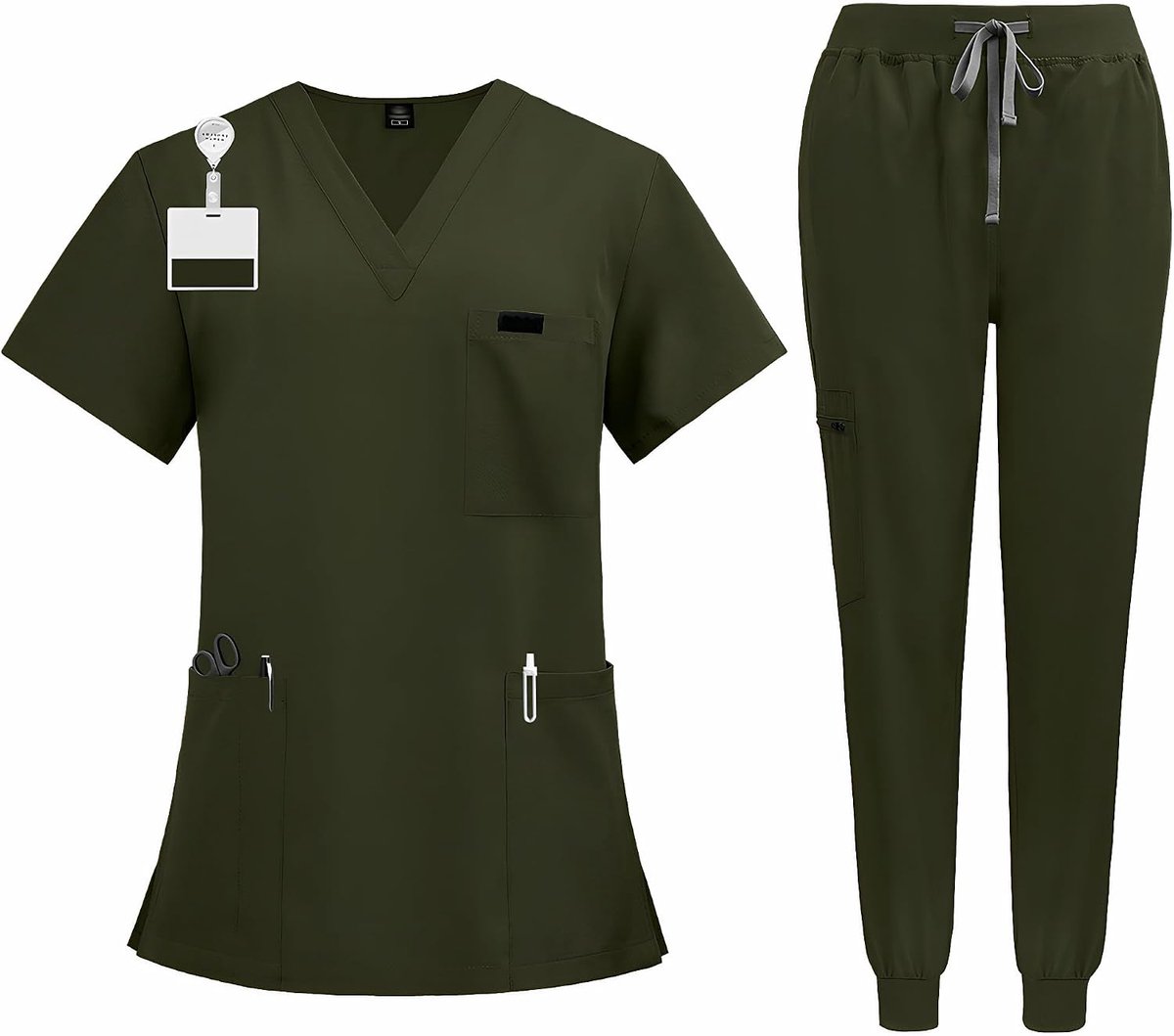 Scrub Set V-hals Korte Mouw met 3 Zakken Elastische Manchet Broek