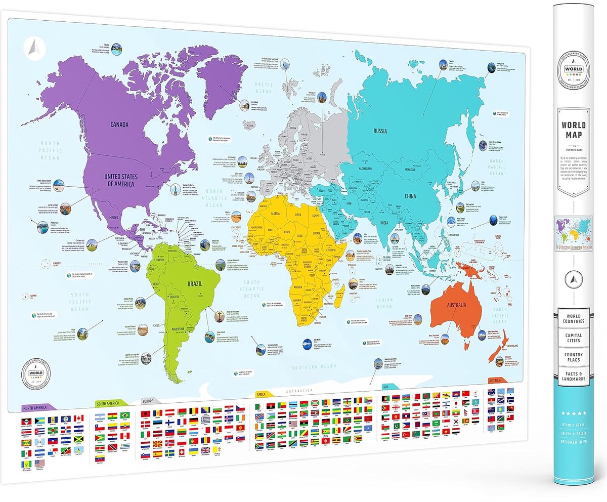 SnelShoppen - The World Game Kleurrijke Wereldkaart 97 x 67 cm met Vlaggen, Hoofdsteden en 50 Feiten - XL Educatieve Poster voor Thuis, Klaslokaal en