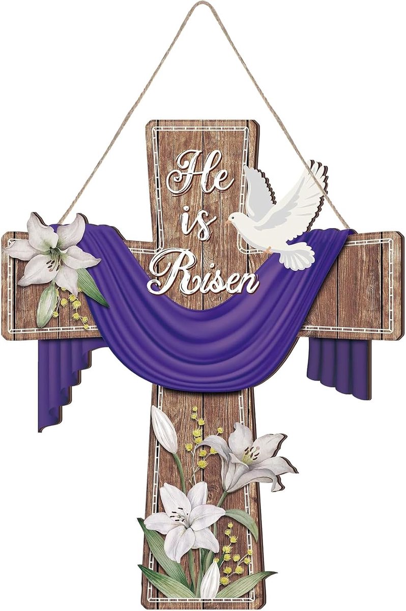 is Risen Door Bord "Hij is opgestaan Paasdecoratie, religieus feest Kruis Jezus Decoratie voor feestjes, veranda